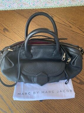 Marc Jacobs Black Pebbled Leather Bowling Satchel with Front Flap